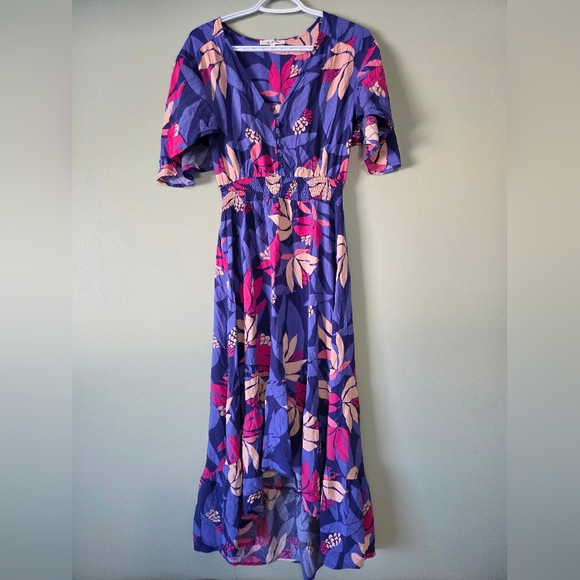 Anthroplogie (ATL) Purple Botanical Hi Low Santa Cruz Flutter Sleeve Dress Sz L - Picture 13 of 16